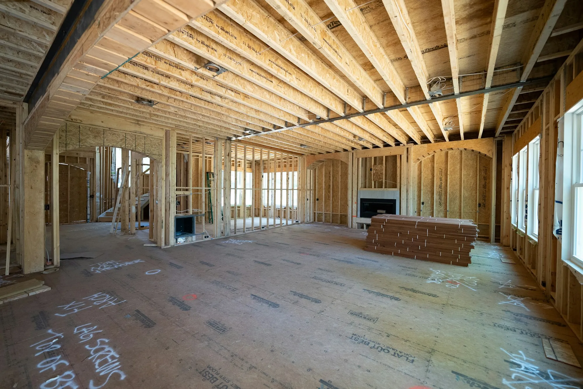 House interior stripped back to the framing for rewiring